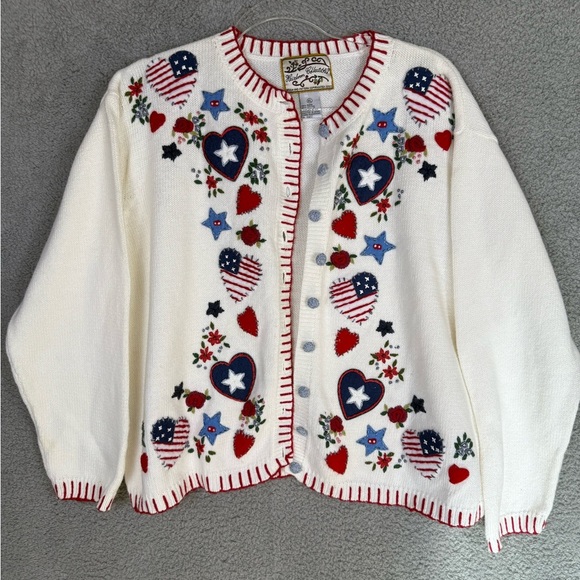 Heirloom collectibles patriotic sweater XL artsy red white and blue - Picture 1 of 10